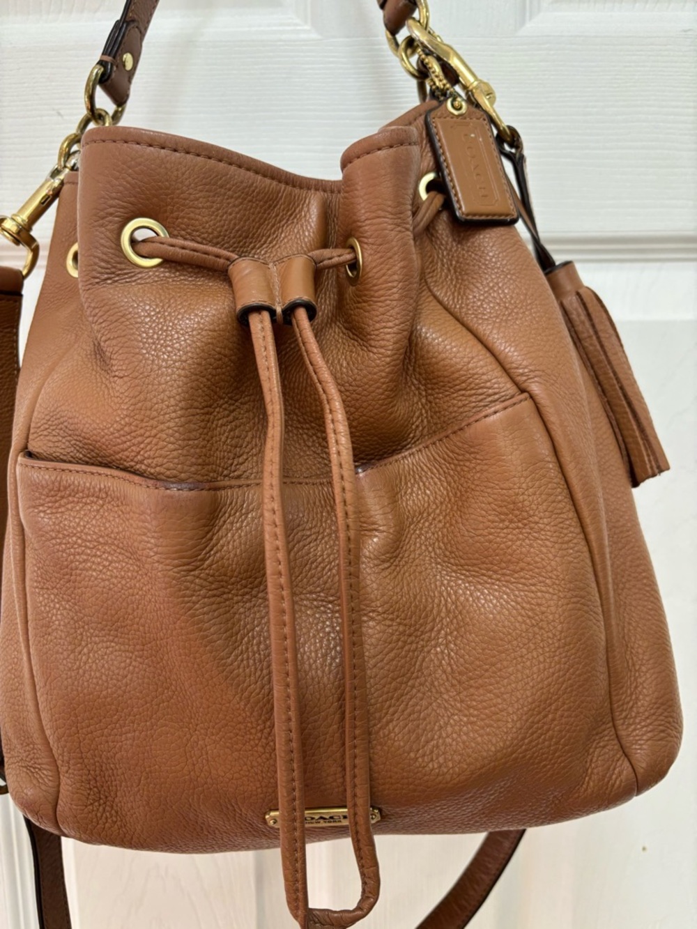 Coach B1461-F27003 Avery Camel  Pebbled Leather Drawstring Bucket Bag in VGUC
